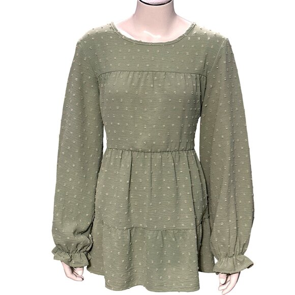 CCC Green Long Sleeve Tiered Midi Dress Textured Dot Pattern Ruffle Cuffs Mediu - Picture 1 of 8